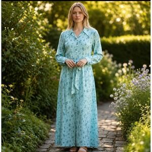 Vintage 70s Blue Floral Maxi Dress Prairie Cottagecore Hostess Dress Size 12